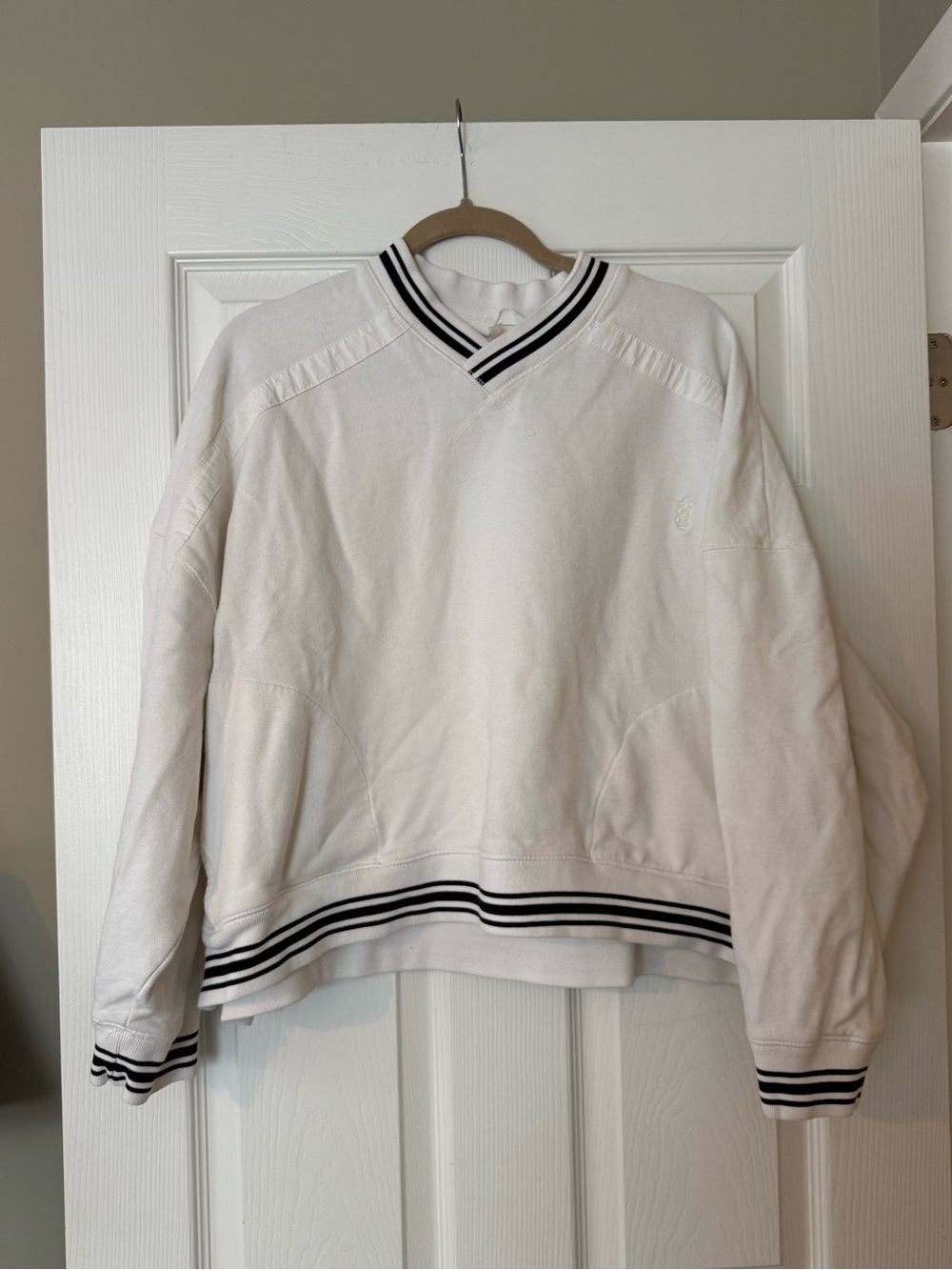 Free People Movement White V-Neck Pullover Sweater with Black Stripe Trim